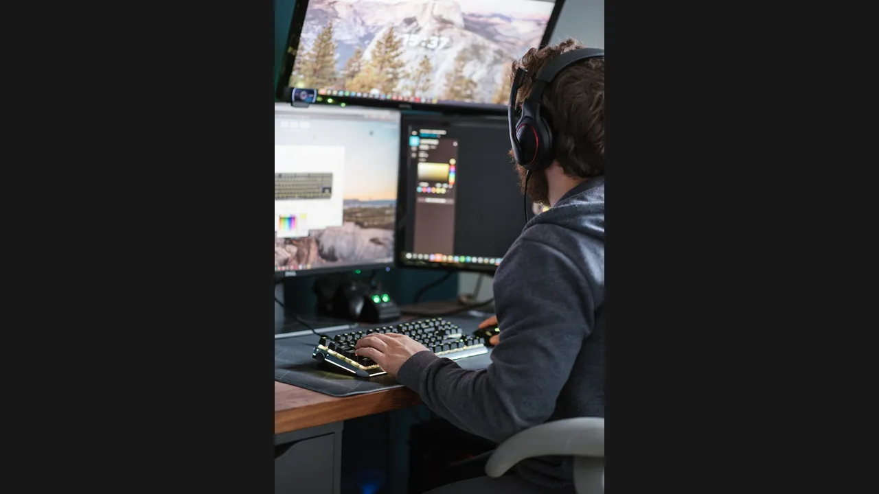 A person wearing headphones working at a desk with multiple computer monitors and a keyboard