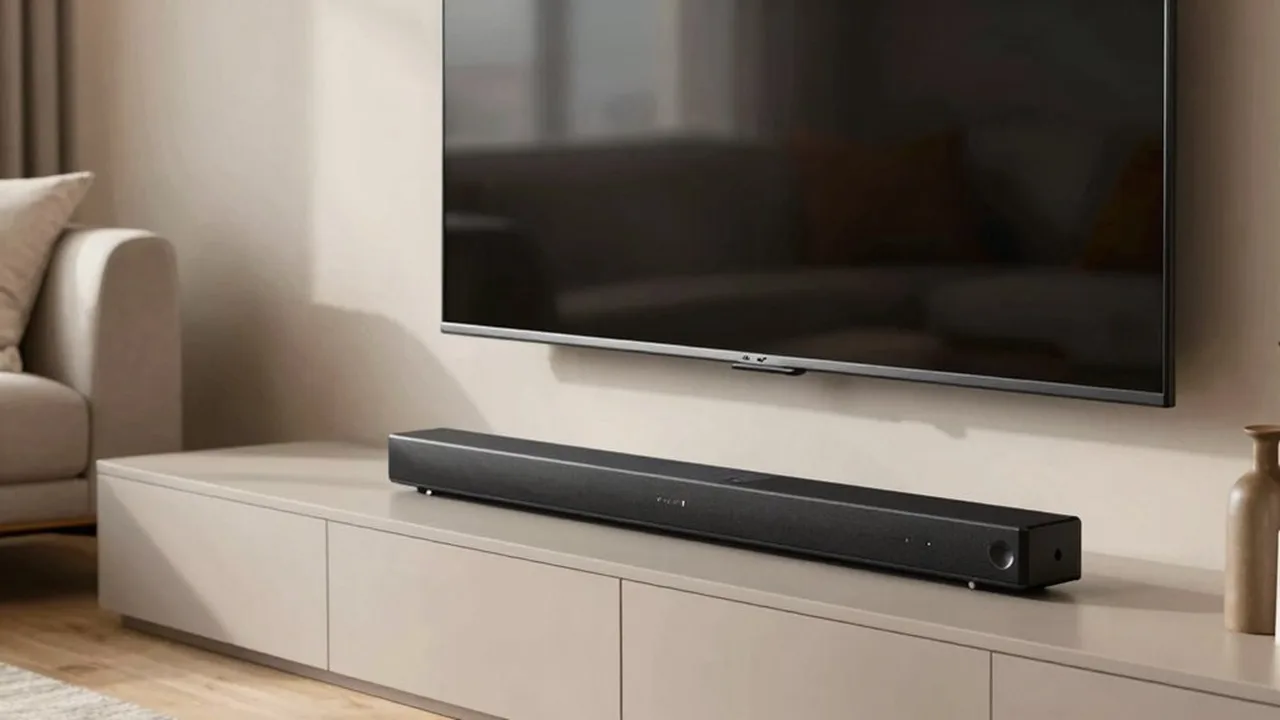 A soundbar on a media console below a wall-mounted television